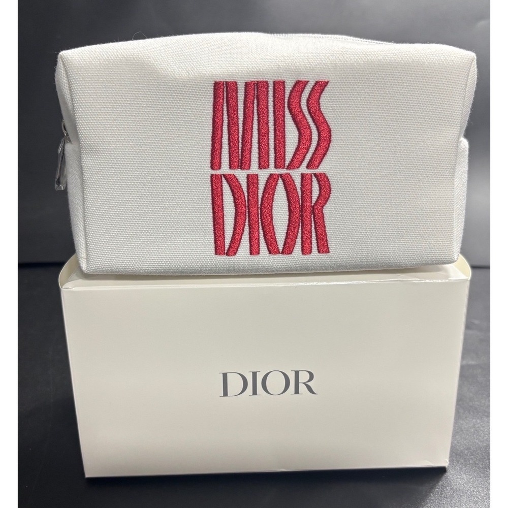 Dior Miss Dior‎ White Canvas Makeup Pouch Red Embroidered Logo NEW
